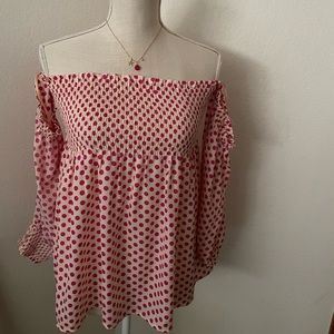 Fuchsia Polka dot off the shoulder smock top